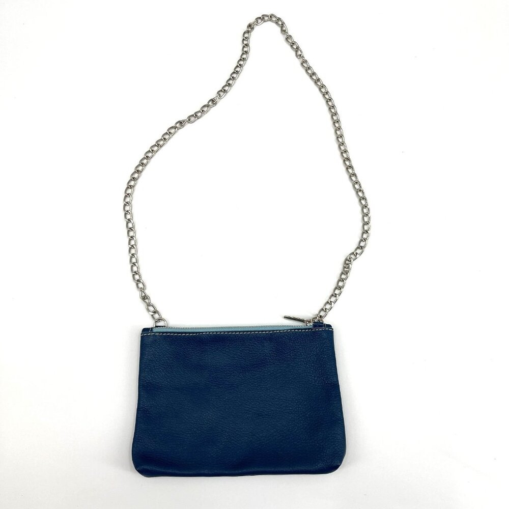 Vittoria Napoli Blue Geniune Leather Silver Chain Top Zip Small Bag Purse Italy
